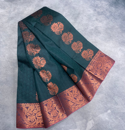Vegan Silk Saree Green Colour Saree with Copper and Floral Design Border