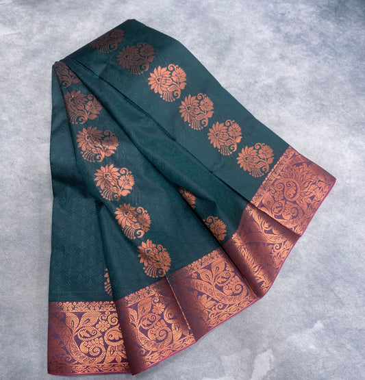 Vegan Silk Saree Green Colour Saree with Copper and Floral Design Border