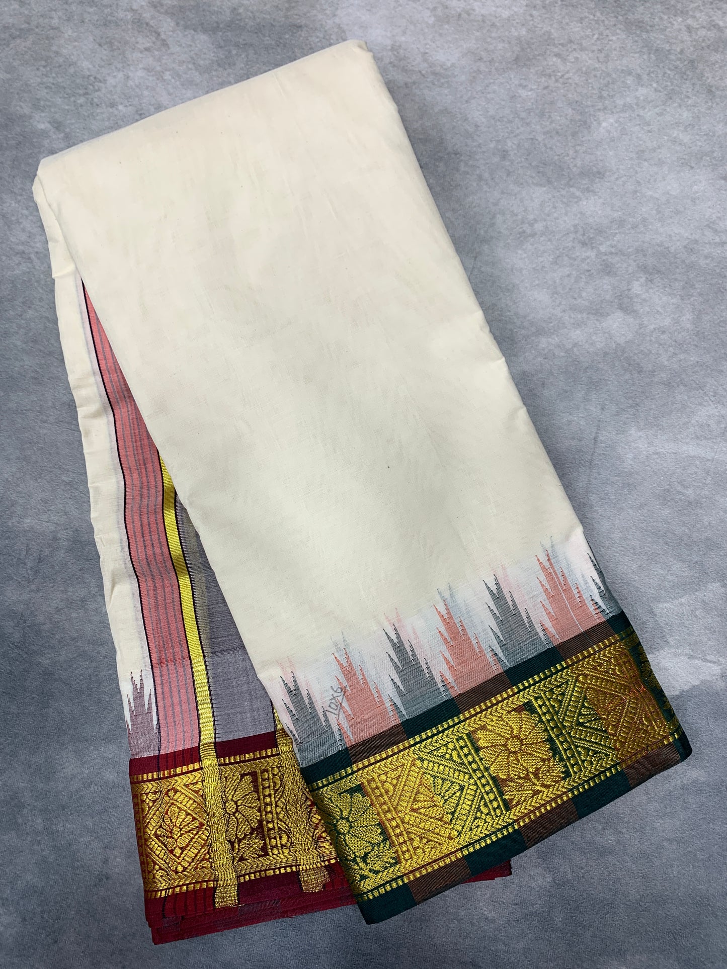 10X6 Korvai Cotton Dhoti Half White Colour with Green and Maroon Border