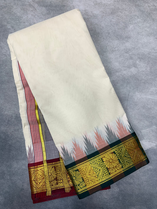 10X6 Korvai Cotton Dhoti Half White Colour with Green and Maroon Border