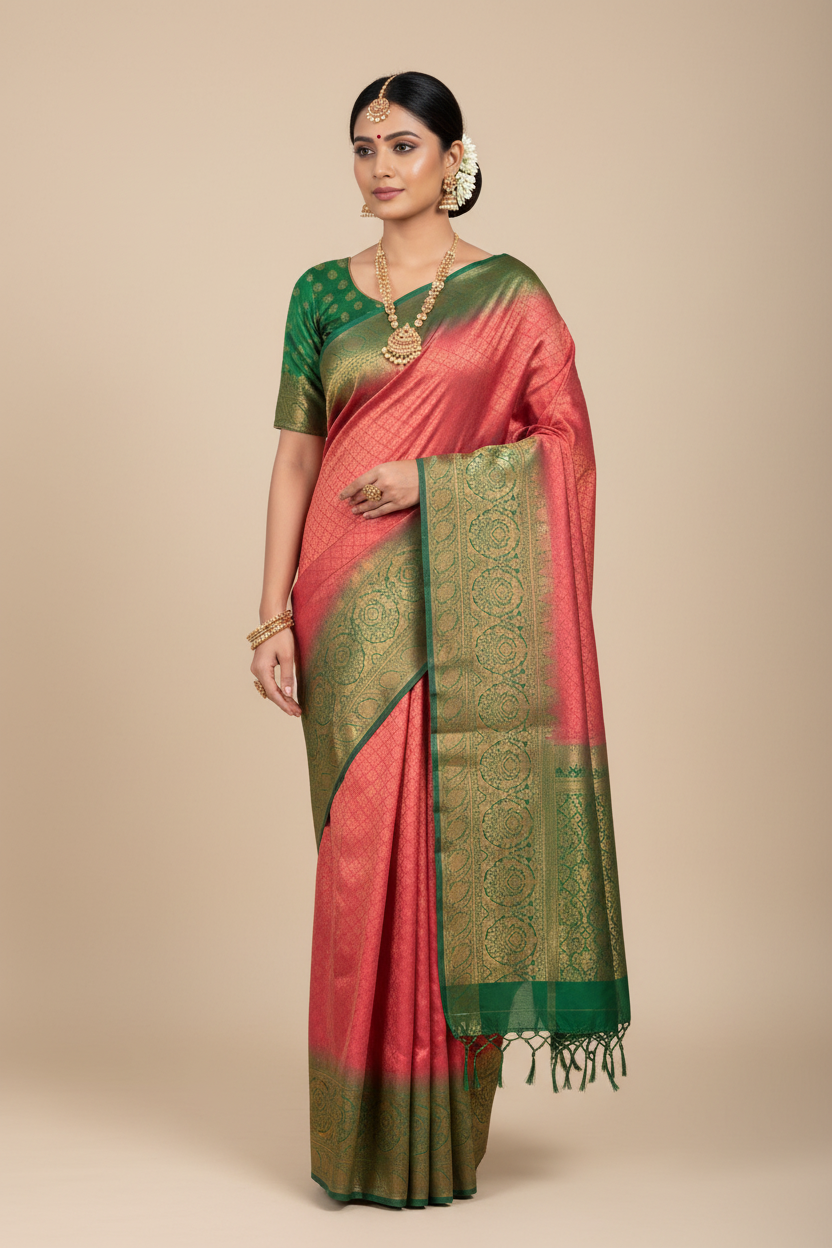 Soft Silk Saree Brown Colour with Green Colour Pallu