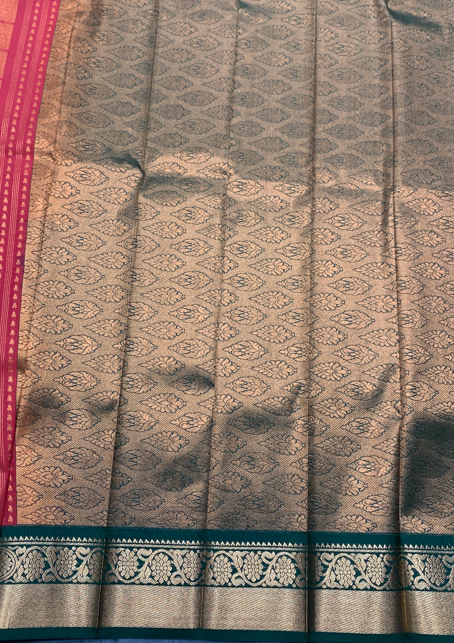 Vegan Silk Saree Orange- Red Colour Saree with Green Colour Contrast Border