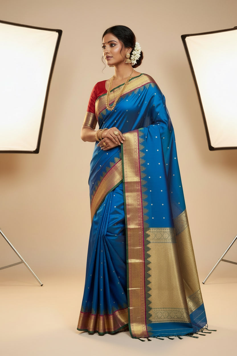 Pure Kanchipuram Silk Sky Blue Colour with Red and Golden Zari Border