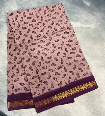 Chettinad Sungudi Cotton Onion Pink Colour with Brown Colour Border
