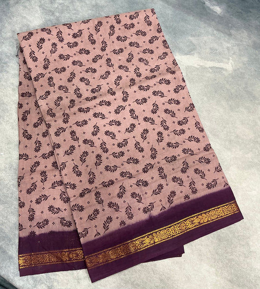 Chettinad Sungudi Cotton Onion Pink Colour with Brown Colour Border