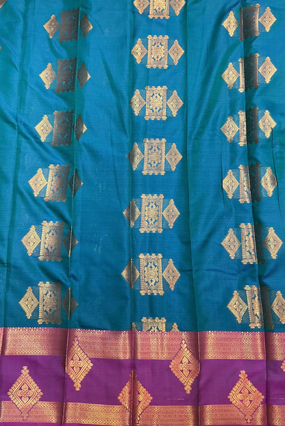 Soft Silk Casual Saree Peacock Green with Rettai Pettu Magenta Colour Border