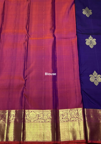 Pure Kanchipuram Silk Saree Blue Colour with Orange Border