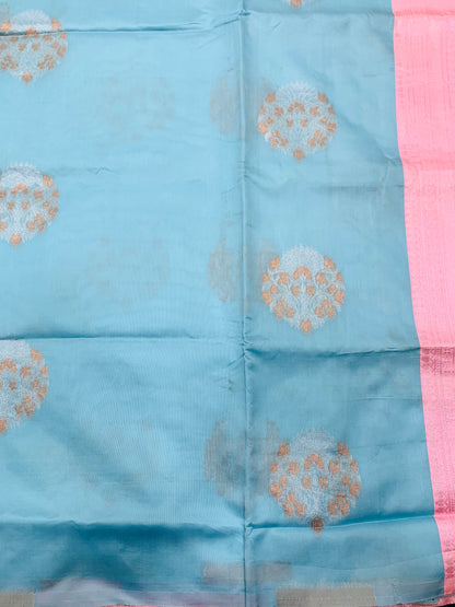 Paper Silk Saree Sky Blue Colour with Baby Pink Colour Shade Border