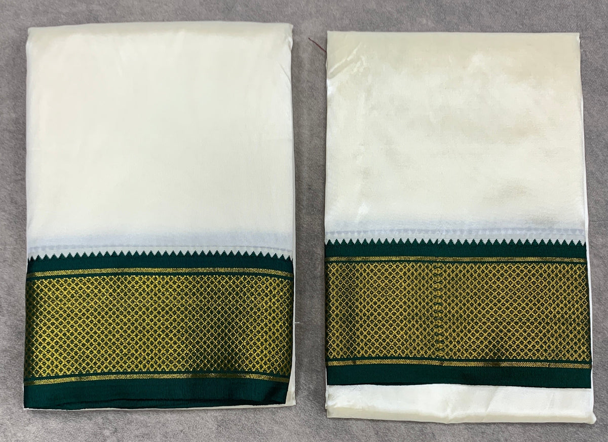 Art Silk Dhoti 8X4 Cream with Large Ganga Jamuna(Green/ Maroon) Border