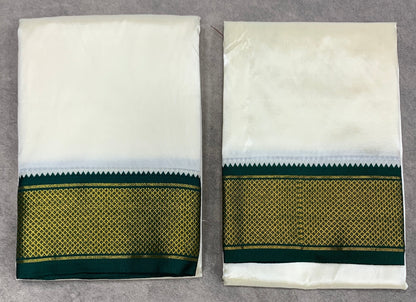 Art Silk Dhoti 8X4 Cream with Large Ganga Jamuna(Green/ Maroon) Border