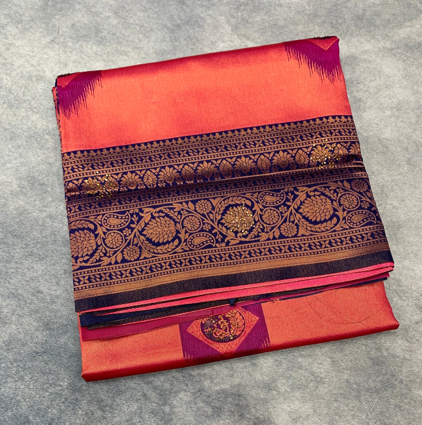 Art Silk Saree Pink Colour and Stone Work with Navy Blue Border