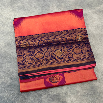Art Silk Saree Pink Colour and Stone Work with Navy Blue Border