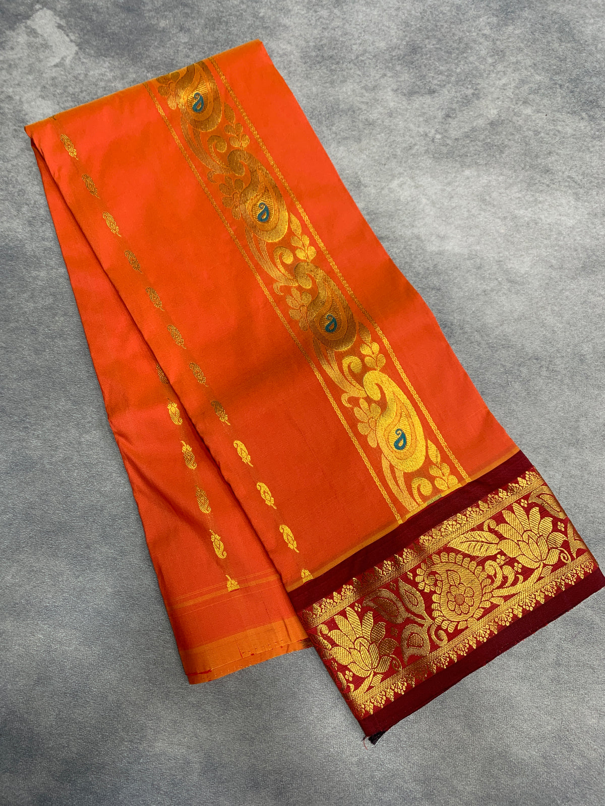 Orange Shade Semi silk Kids Pattu Pavadai with Contrast border for age 5 to 10