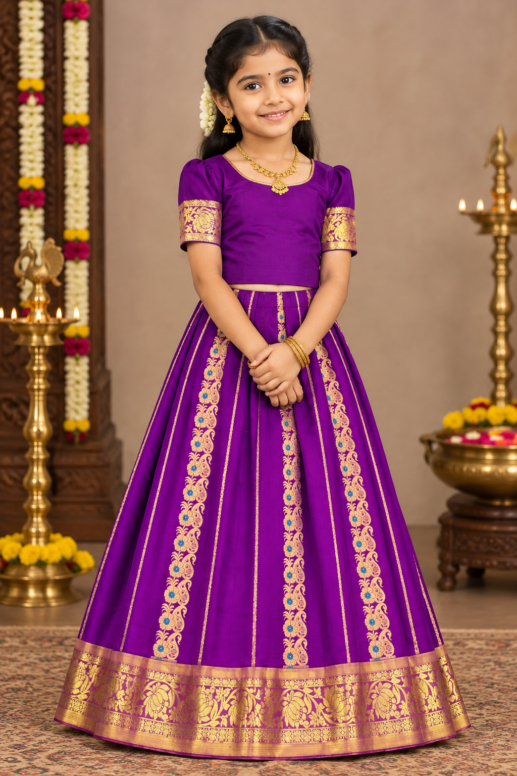 Magenta shade Semi Silk Kids Pattu Pavadai with Contrast border for age above 10 years