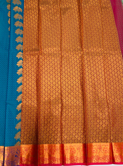 Vegan Silk Saree Peacock Blue shade with Copper Border