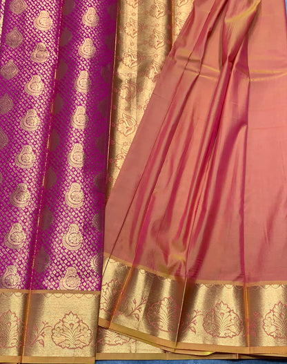 Vegan Silk Saree Pink Colour with Golden Yellow and Copper Border