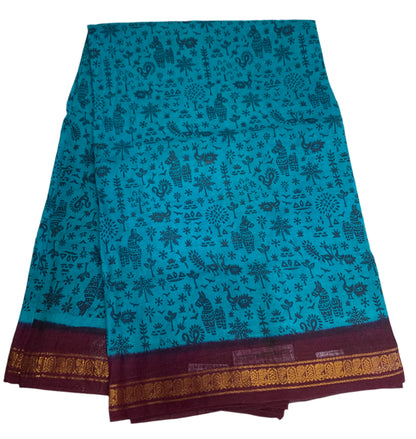 Chettinad Sungudi Cotton Sky Blue Colour with Magenta Border