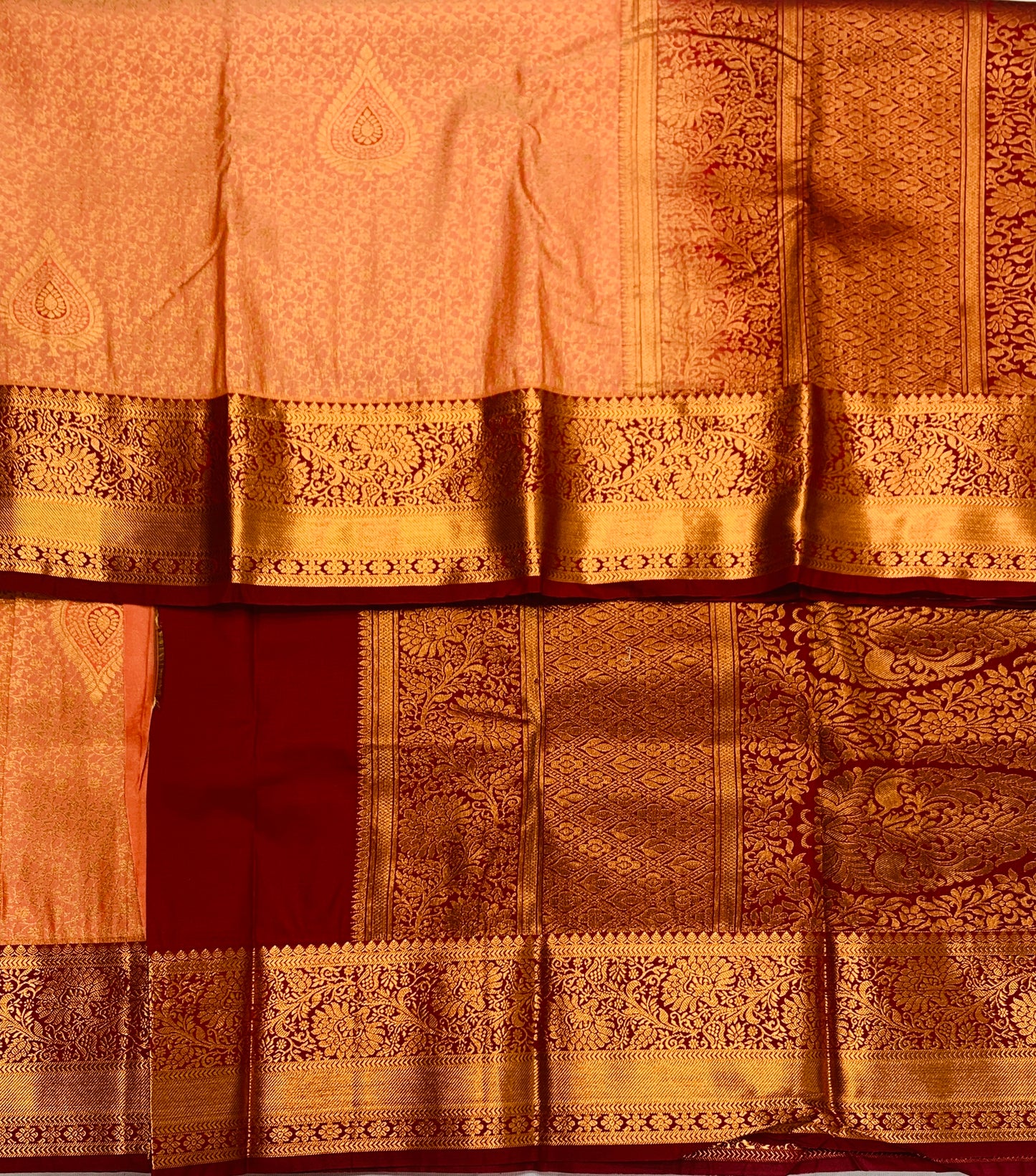 Vegan Silk Saree Peach shade with Maroon Border