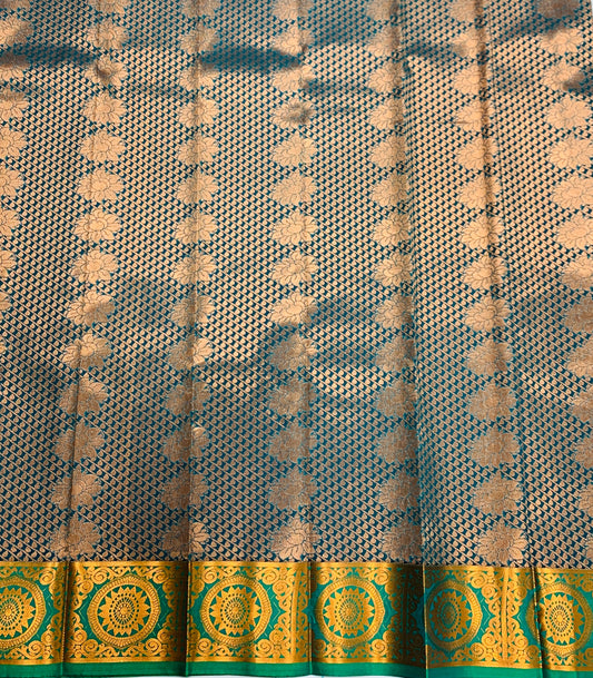 Vegan Silk Saree Rama Blue with Green and Floran Design