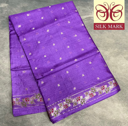 Pure Tussar Silk Saree Royal Purple Colour With Traditional Floral Zari Border