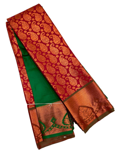 Vegan Silk Saree Maroon Colour with Copper and Green Border