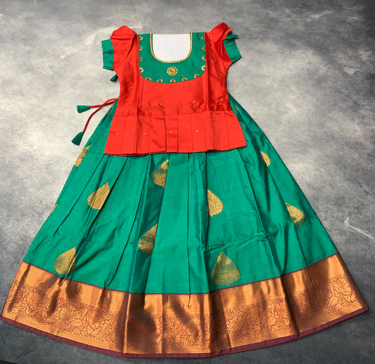 Ready To Wear Green Pavadai with Contrast Red and Green Blouse