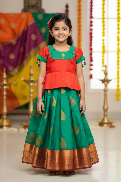 Ready To Wear Green Pavadai with Contrast Red and Green Blouse