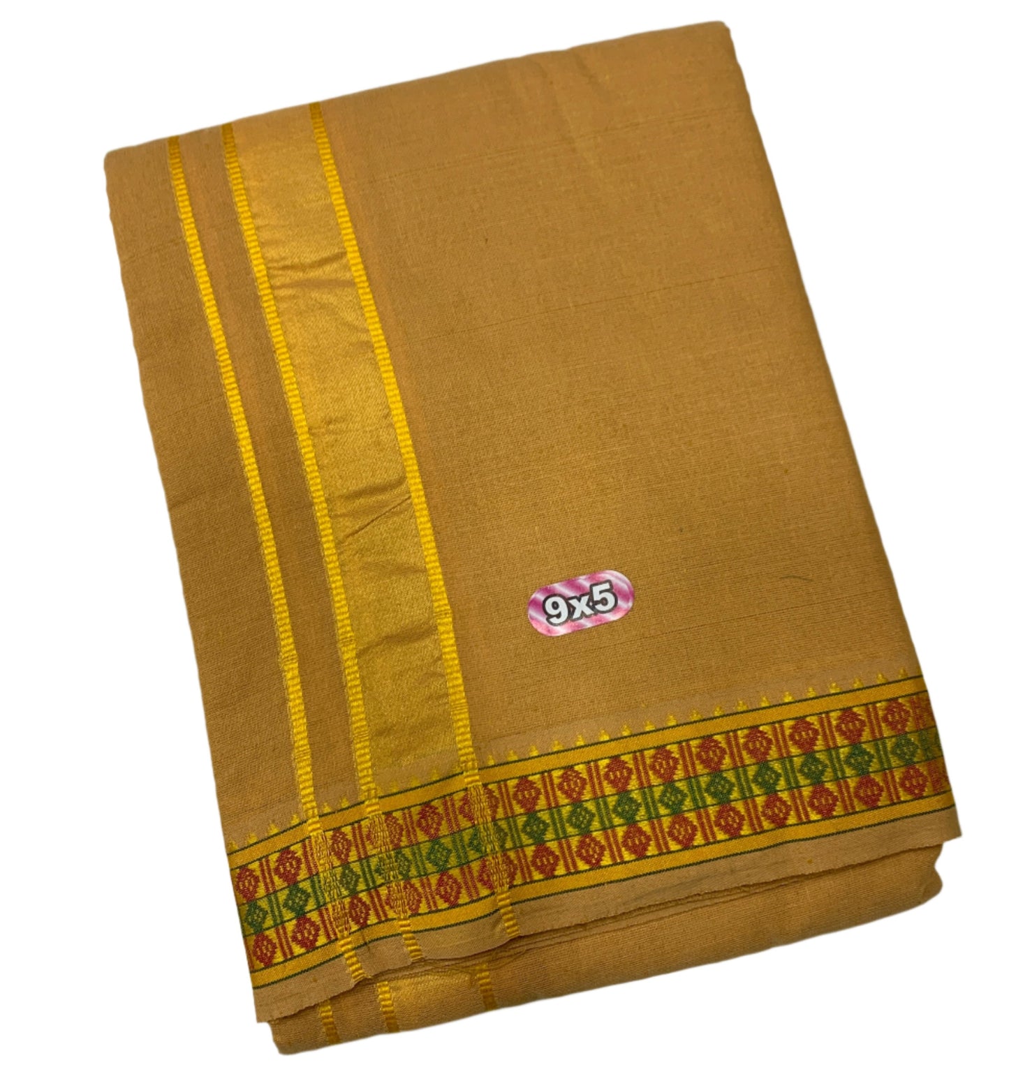 Mustard Yellow Dhoti with Green & Maroon Diamond Border