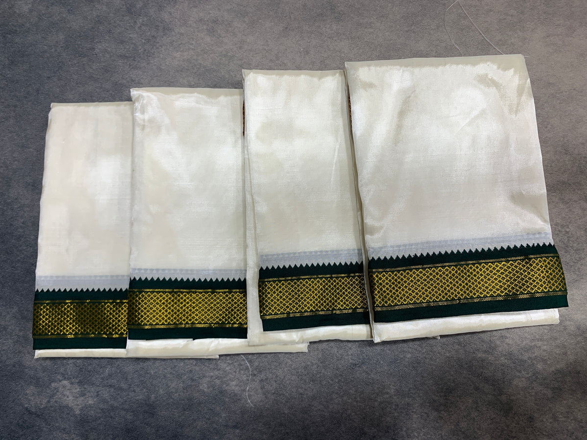 Art Silk Pooja Towel Cream with Small Ganga Jamuna(Green/ Maroon) Border - Pack of 4