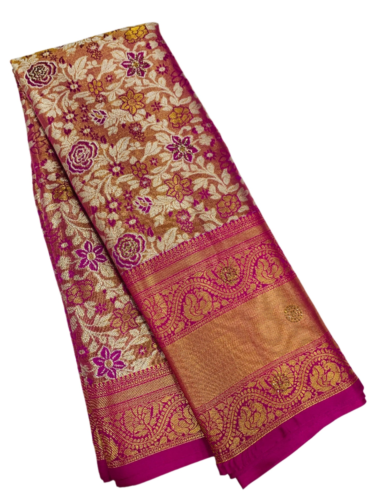 Fancy Tissue Saree Golden Colour with Pink Border