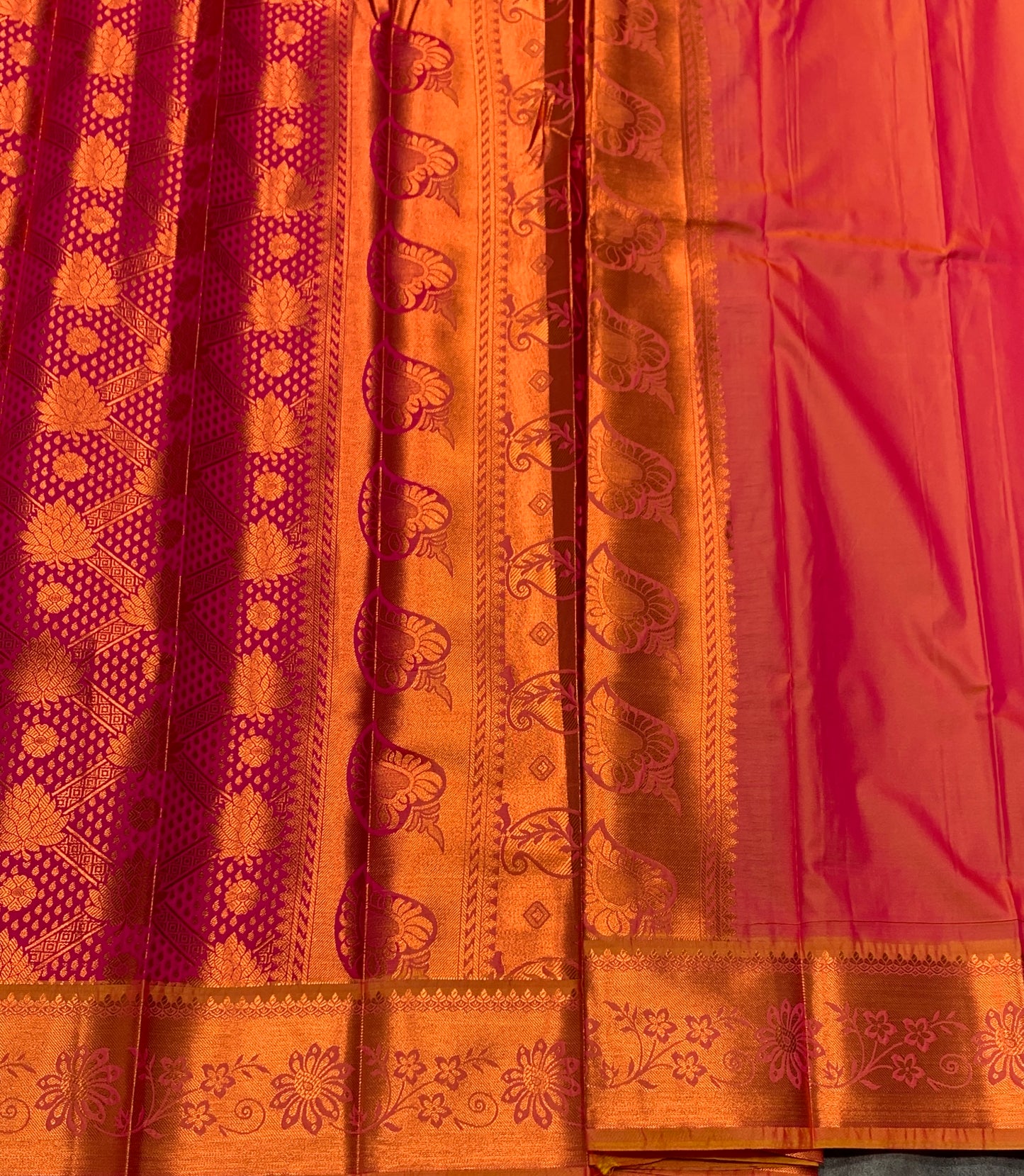 Vegan Silk Saree Pink Colour with Golden yellow and Copper Border