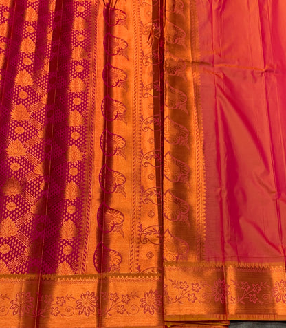 Vegan Silk Saree Pink Colour with Golden yellow and Copper Border