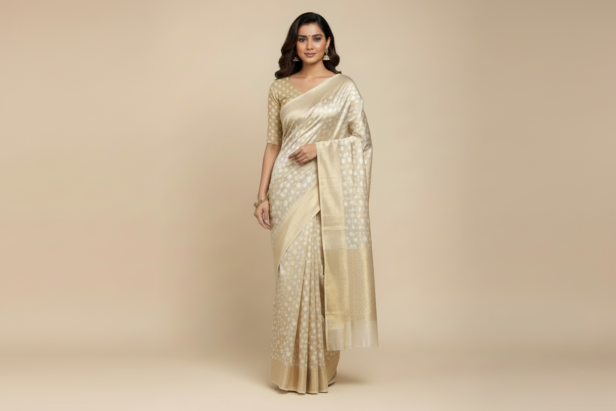 Banaras Katan Saree Off White Colour with Katan Work Border