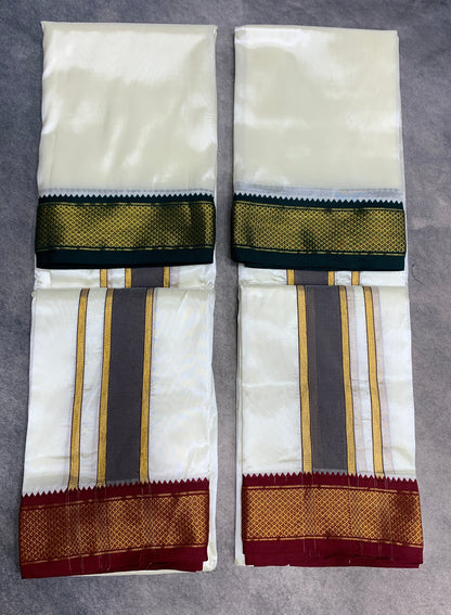 Art Silk Dhoti 8X4 Cream with Small Ganga Jamuna(Green/ Maroon) Border