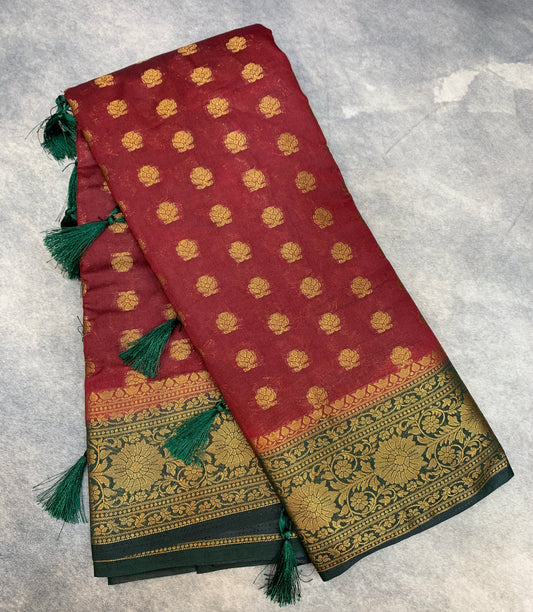 Crepe Saree Maroon Colour with Green Border