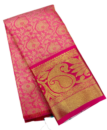 Baby Pink shade Pure kanchipuram Kids Pattu Pavadai with contrast border for newborn to 2 Years