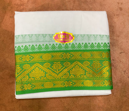 9X5 Cotton Dhoti White with Light Green and Pink Ganga Jamuna Border