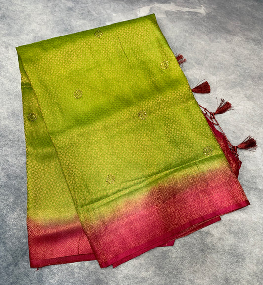 Soft Silk Saree Olive Green Colour and Stone Work with Pink Colour Pallu