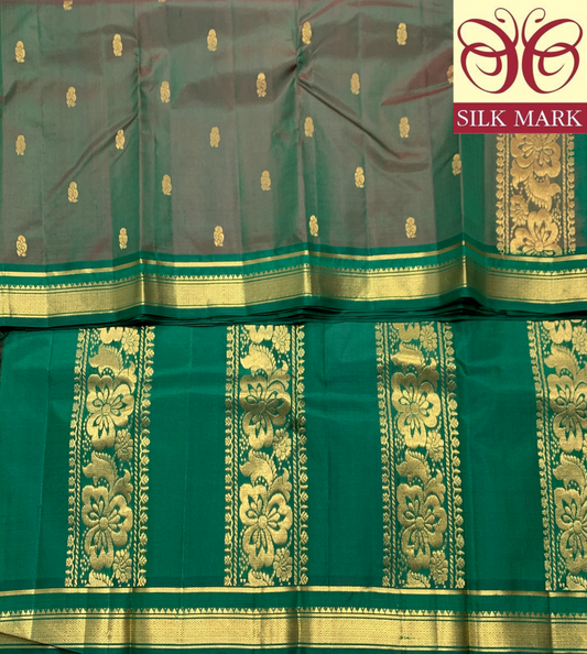 Pure Kanchipuram Silk Dark Green Colour with Golden Zari Border
