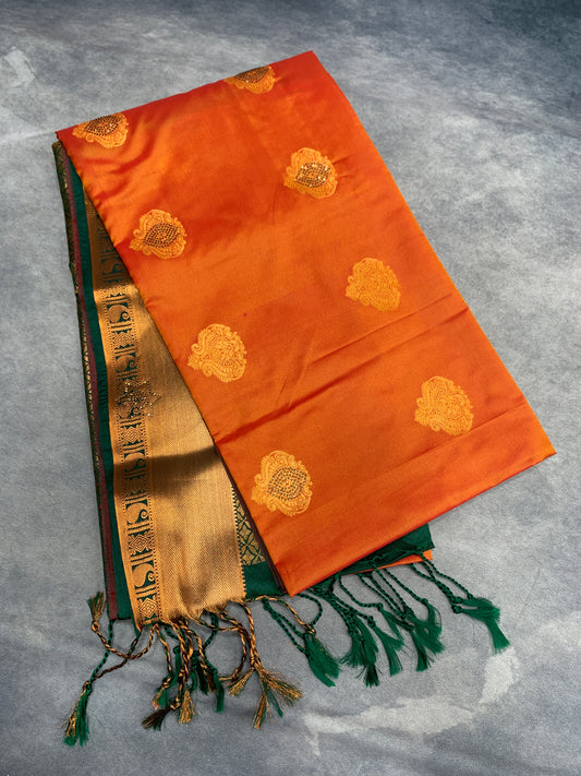 Soft Vegan Silk Saree Orange Colour with Brown and Copper Border
