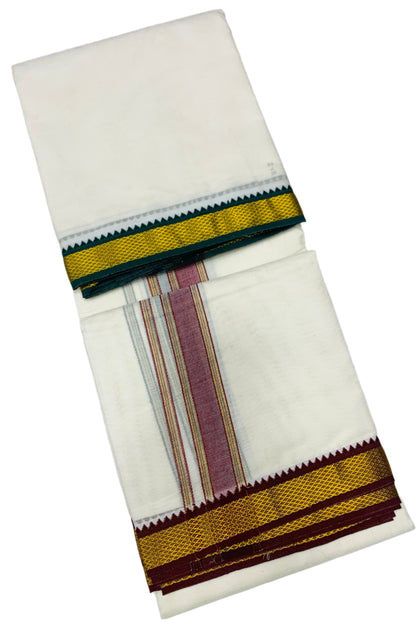 2X8 Cotton Dhoti Cream Colour with Green and Maroon Border