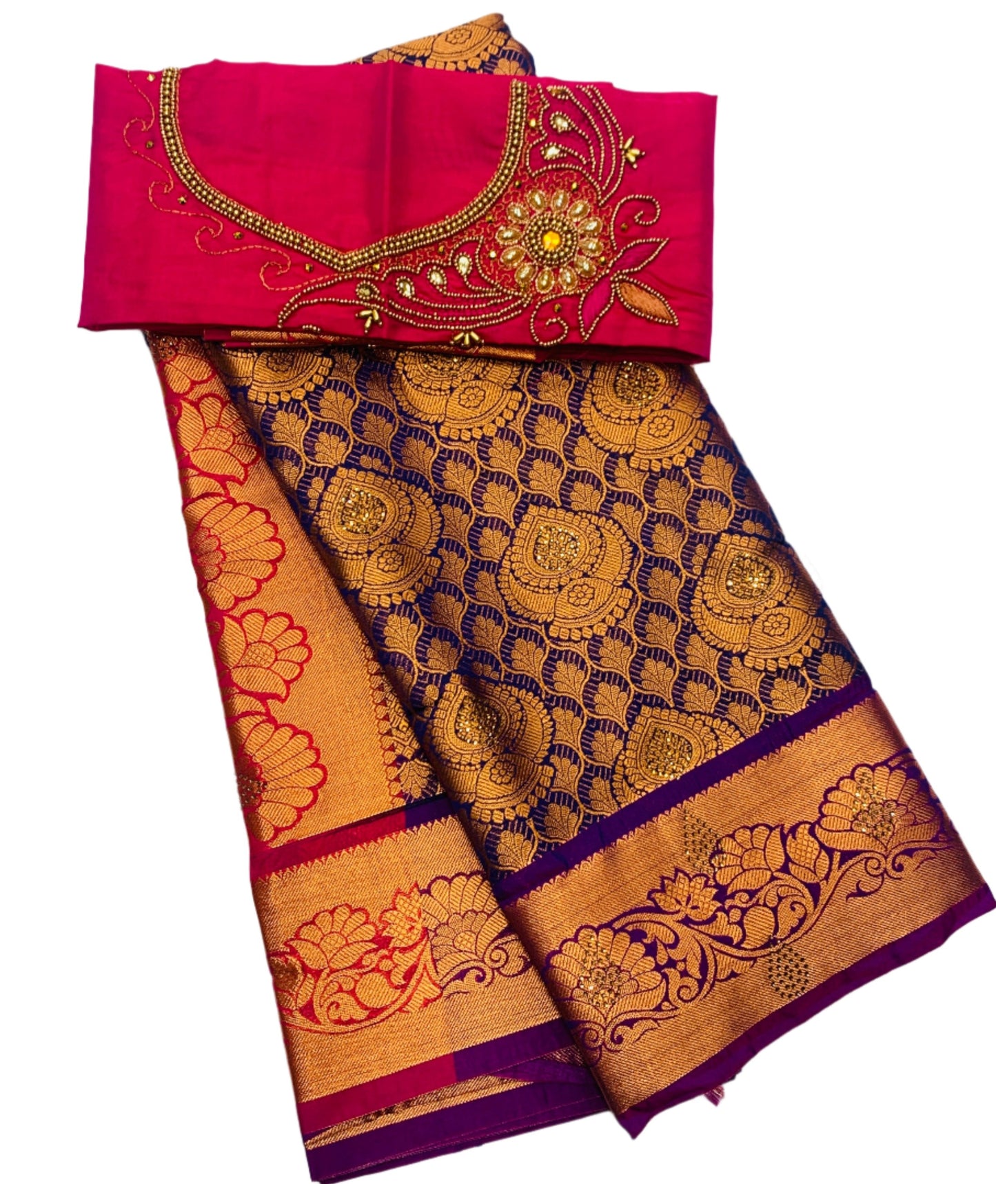 Bridal Vegan Silk Saree Violet shade with Purple Border with Unstitched blouse in Aari work