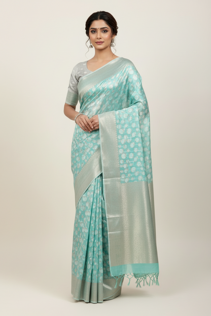 Banaras Katan Saree Sapphire Colour with Katan Work Border