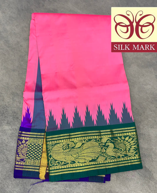 6 Mulam Silk Pooja Towel Peach Pink Colour with Ganga Jamuna Korvai Border