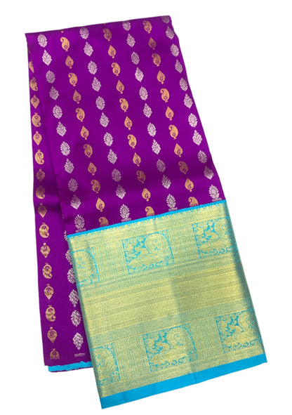 Violet shade Pure Kanchipuram Kids Pattu Pavadai with contrast border for age 5 to 10