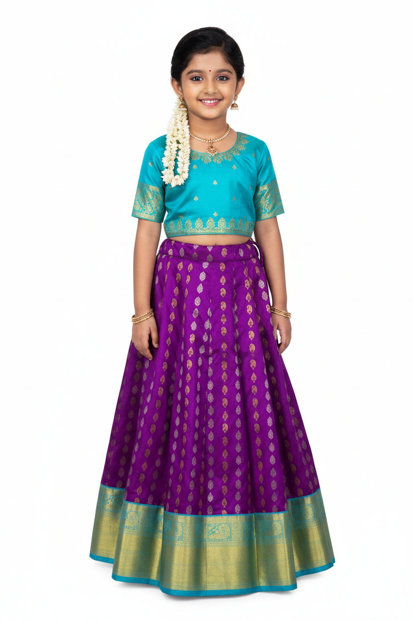 Violet shade Pure Kanchipuram Kids Pattu Pavadai with contrast border for age 5 to 10
