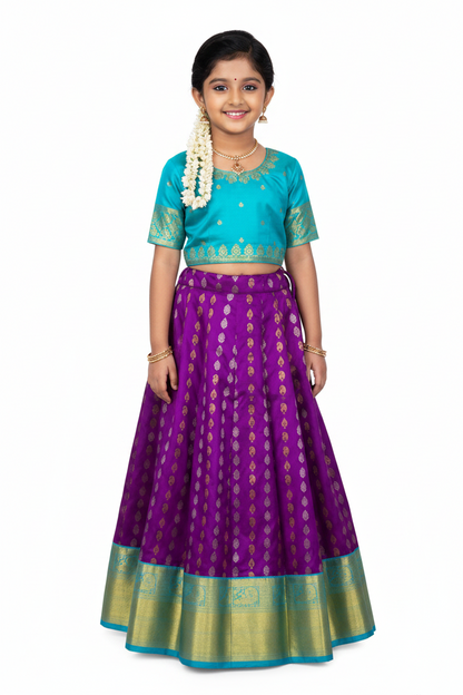 Violet shade Pure Kanchipuram Kids Pattu Pavadai with contrast border for age 5 to 10