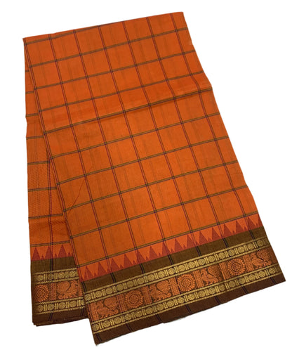 Chettinad Cotton Saree Orange Shade with Brown Border