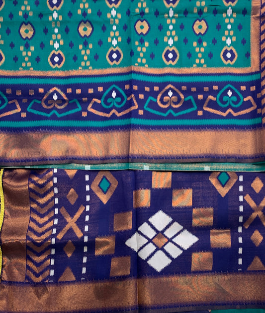 Pochampalli Semi Silk Saree Peacock Green Colour with Blue  Border