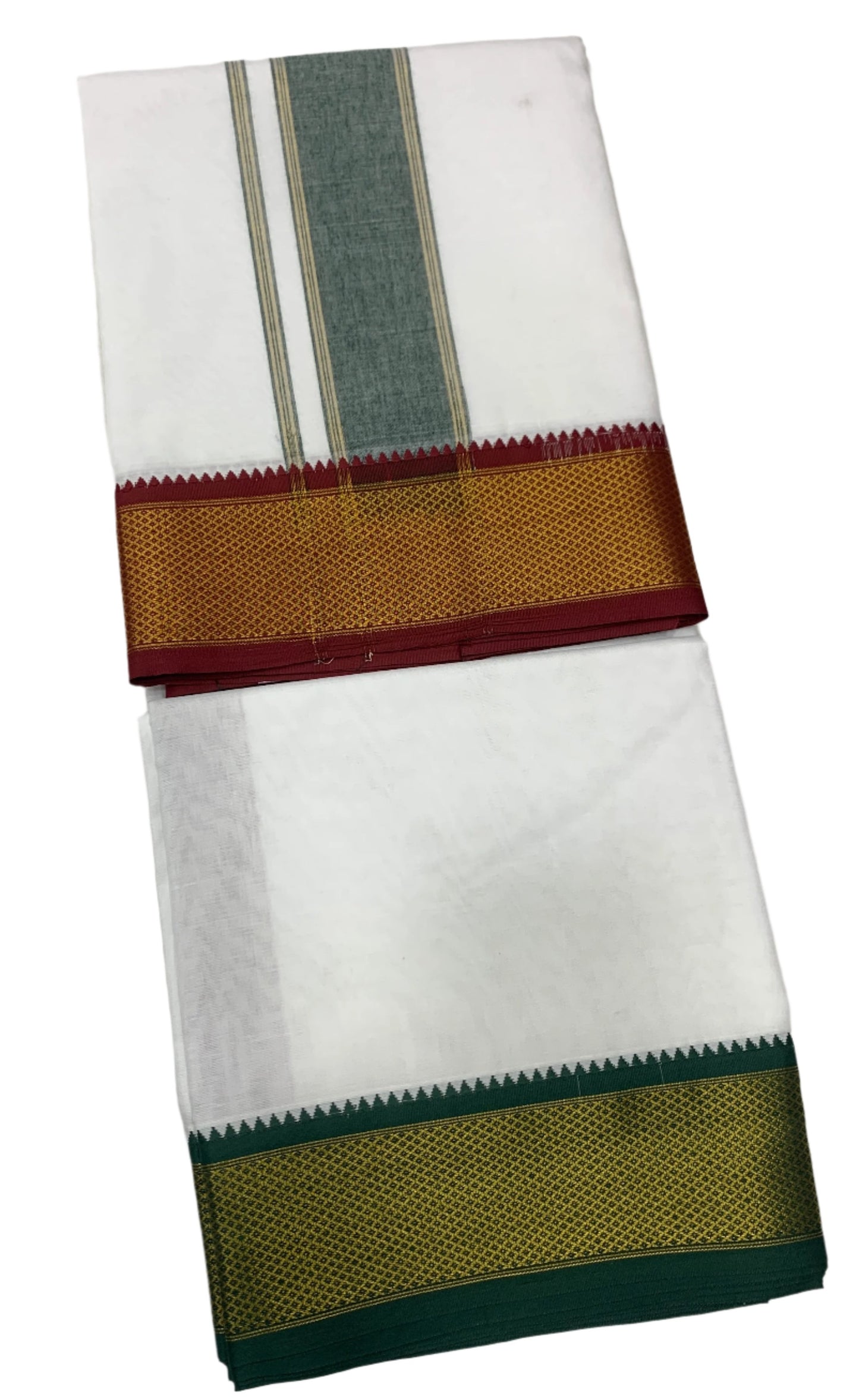 10X6 Cotton Dhoti White Colour with Large Maroon and Green Border